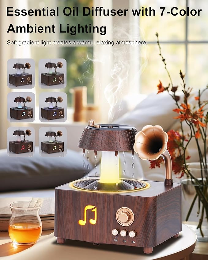Essential Oil Diffuser, Humidifiers For Bedroom, 250ml Cool Mist Rain Diffuser, 7 Colors LED Ambient Light & Auto Shut-Off When Water Runs Out, for Office, Study Room, Yoga, Relaxation & Home