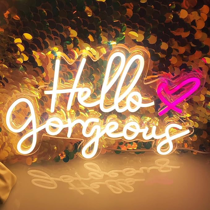 Hello Gorgeous Neon Signs for Wall Decor, Hello Gorgeous Neon Light Sign with Dimmable Switch –Led Neon Sign for Girls Bedroom, Makeup Room Decor (warm white) (5V, 16.5"*11")