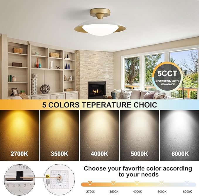Small Dimmable Mid Century Modern Ceiling Light,5CCT LED White Gold Semi Flush Mount Ceiling Lamp,for Hallway Entryway Bedroom Laundry Room Kitchen Light Fixture 2700K-6000K,11.81 in
