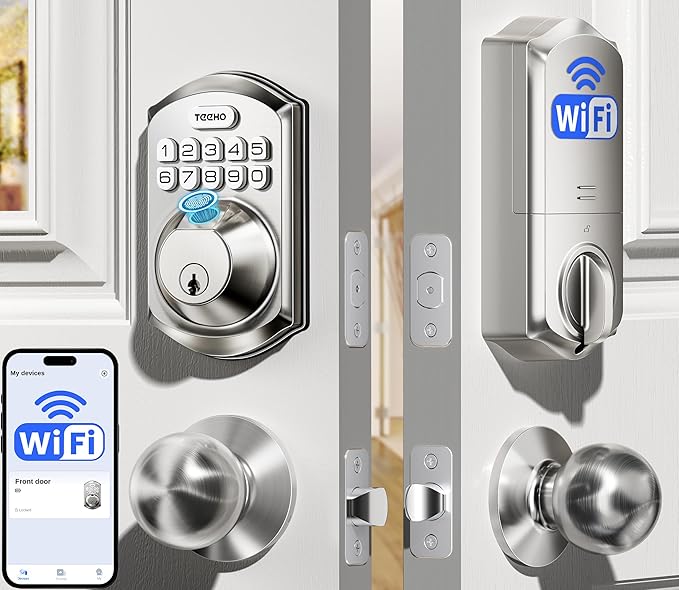TEEHO TE012W-K WiFi Smart Keyless Entry Door Lock with Handle, Fingerprint Door Knob & Digital Keypad, APP Remote Control, Works with Alexa & Google, Electronic Deadbolt for Front Door, Satin Nickel