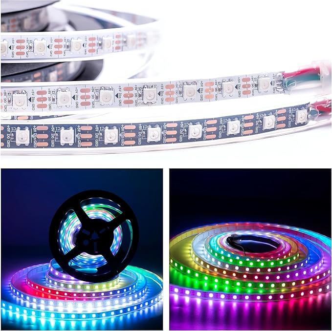 WS2812B LED Strip Individual Addressable Light 16.4FT 60Pixels/m 300Pixels Dream Color SMD 5050 LED Pixel RGB Strip IP67 Waterproof DC5V (Black PCB)