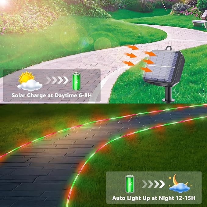 Solar Rope Lights, 2 Packs Total 132ft 400LED Solar String Lights, 8 Modes Waterproof Solar Powered Outdoor Light, Flexible Clear Tube Light for Garden Yard Patio Deck Porch Tree Xmas Decor -Red&Green