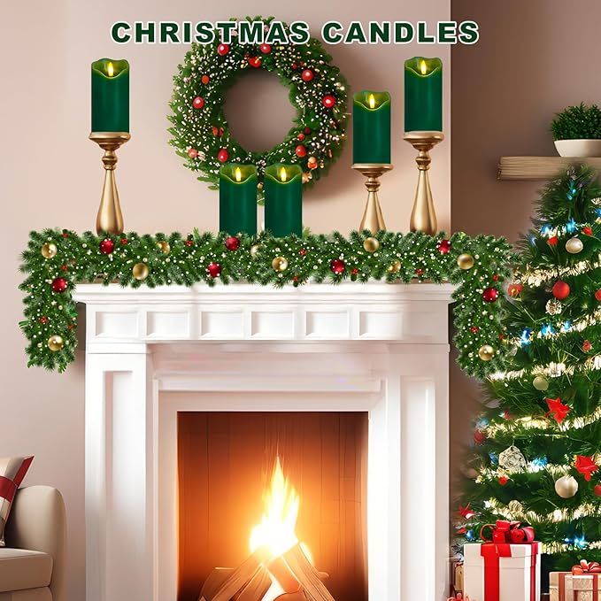 VEEKI Flameless Candles Light, Set of 2 6"x3" Flickering Christmas Flameless Candles with Remote & Timer, Dimmable Real Wax Pillar Candles Battery Operated, Green Candles for Home Xmas Decor (Green)
