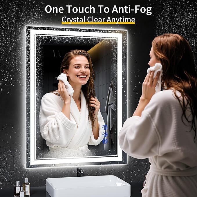 40"x30" LED Bathroom Mirror with Anti-Fog, Stepless Dimmable Lights, 3 Color Modes, Shatter-Proof Tempered Glass,Waterproof Design