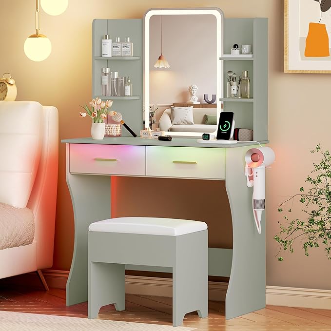 Vanity Desk with LED Lights Mirror & Power Outlet, Small Makeup Vanity Table Set with Storage Drawers & Chair, 3 Lighting Modes & Adjustable Brightness, Dressing Table for Women Girls Bedroom, Green