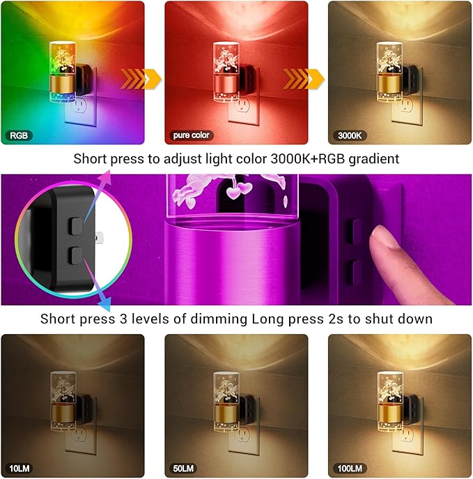 JandCase Night Lights Plug into Wall,Angel Night Light, 2 Pack 3000K+RGB 10-Color LED Nightlight with Dusk to Dawn Sensor, 10/50/100LM Adjustable Brightness for Birthday Home Decor
