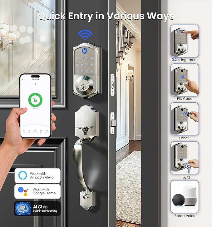 Veise VE017G-H Wi-Fi Smart Fingerprint Front Door Lock Set, Remote App Control, Keyless Entry Deadbolt with Handle, Backlit Keypad, IP55 Weatherproof, Auto Lock, Easy to Install, Satin Nickel
