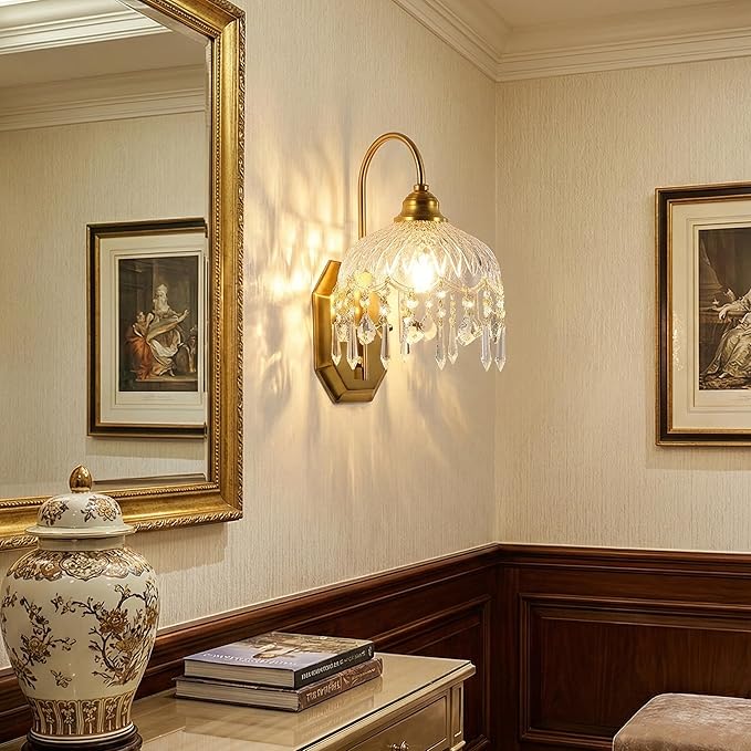2-Pack Vintage Wall Sconce,Glass Crystal Wall Sconce, Antique Brass Finish Set of Two for Bedroom Bathroom Hallway Living Room Decor