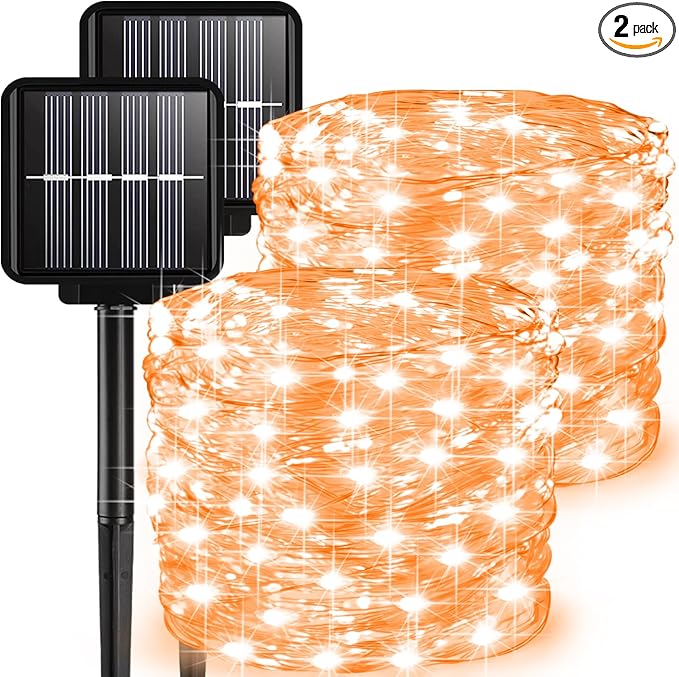 2 Pack Solar Fairy Lights Outdoor, 33 Feet 100 LEDs 8 Modes String Lights for Outside, Waterproof Solar Outdoor Light for Patio Yard Christmas Tree Halloween Wedding Party Decorations, Orange
