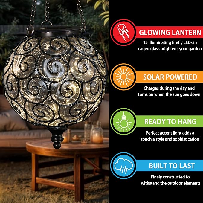 Solar Hanging Lantern Outdoor Garden Lights, Round Glass and Metal Hanging Lantern, 15 Firefly LED Lights, 7 x 20 Inch (Clear)