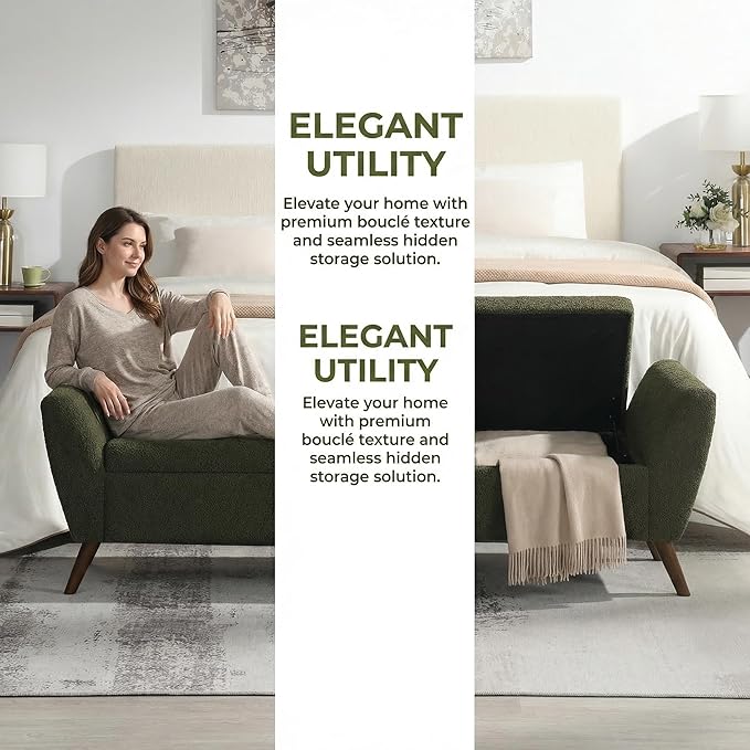 60'' Modern Upholstered Storage Ottoman Bench with Mid-Century Wood Legs, Entryway Bench with Hidden Storage for Living Room, Bedroom, and End of Bed, Comfort Padded Seat (B-Green)