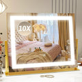 ROLOVE Vanity Mirror with Lights 22"x18", Lighted Makeup Mirror with 10X Magnification, Smart Touch 3 Colors Dimmable, 360° Rotation, Women Gift, Dresser Mount, Bathroom (Gold)