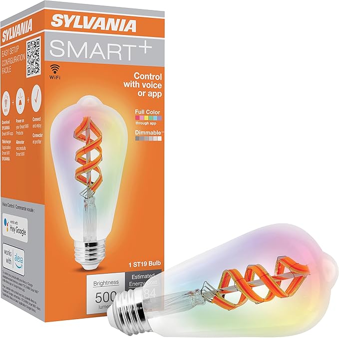 Sylvania WiFi LED Smart ST19 RGBW Color and Amber Finish Filament Light Bulb, 7W Efficient, for Alexa/Google Assistant, 2000K, No Hub Required, Clear - 1 Pack (75809)