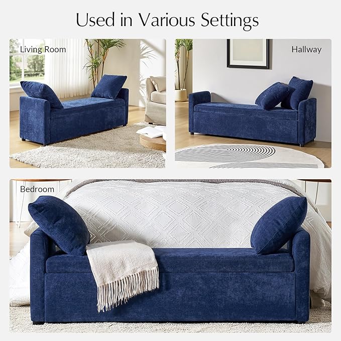 59.5" Modern Storage Ottoman Bedroom Bench, End of Bed Bench with Arms and Throw Pillows, Footrest Stool for Living, Dining Room, Entryway and Hallway, Navy