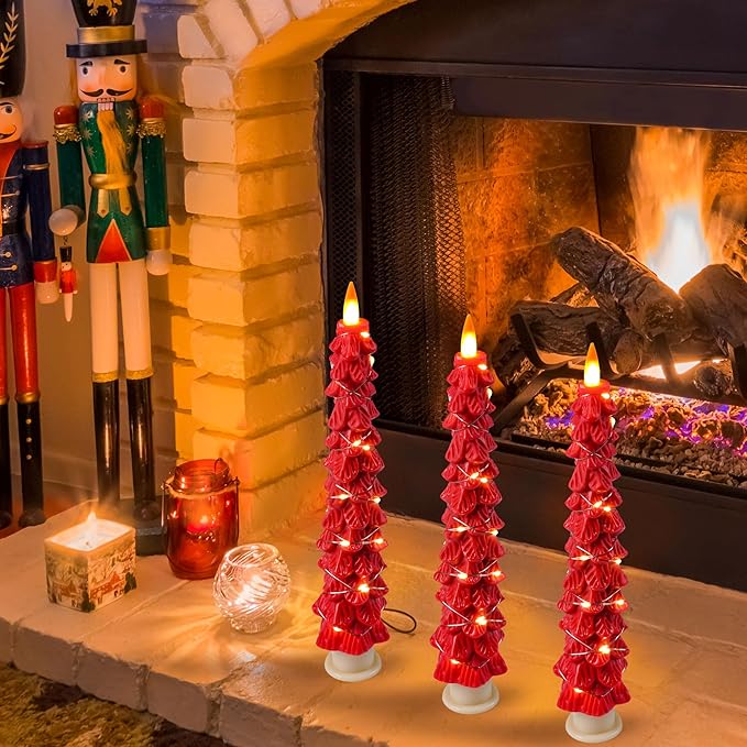 Christmas Tree Candles Surrounded by Fairy Lights, LED flameless Candle Lights with Remote Control Timing Function. red