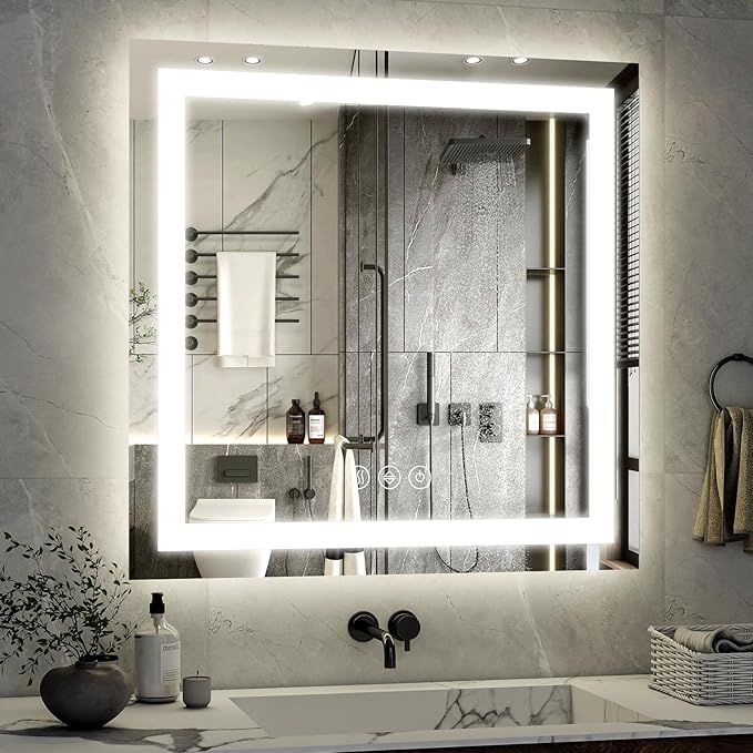36"x 36"LED Bathroom Mirror, Backlit + Front Lit, LED Bathroom Mirror with Lights for Wall, 3 Colors, Anti-Fog, Dimmable Brightness, Tempered Glass