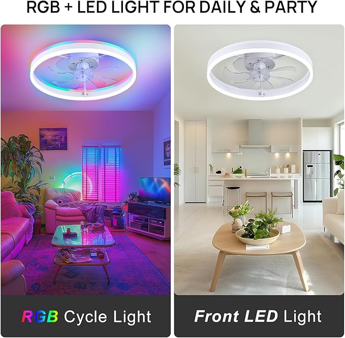 RGB Ceiling Fans with Lights, 20" Fandelier Low Profile Ceiling Fan with Light, Modern Flush Mount Ceiling Fan Light with Remote/APP Control, Bedroom Chandelier Fan Fixture for Indoor(White)