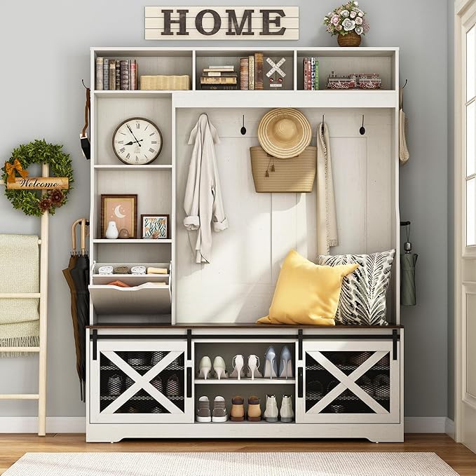75''H LED Farmhouse Hall Tree with Bench and Shoe,Entryway Bench with Coat Rack,16 Shoe Cubbies & Umbrella Holder and Sock Storage Drawer,Mudroom/Hallway Storages Cabinet(White)