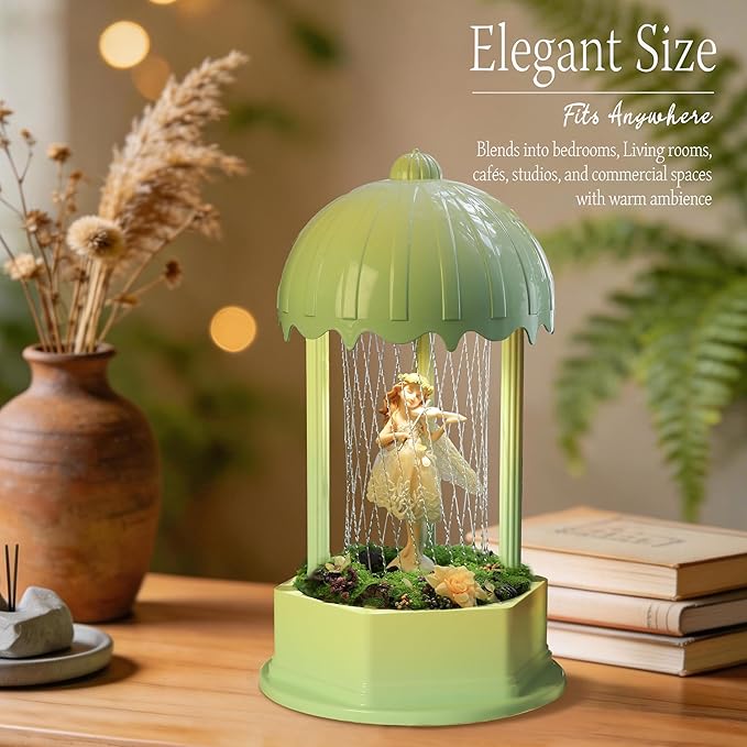 Forest Series Flower Fairy Oil Rain Lamp - Gradient Green Fairycore Decor, Resin Statue with Yarn-Knitting Craft, Sensory Mood Light & Aroma Diffuser (Complete Set)