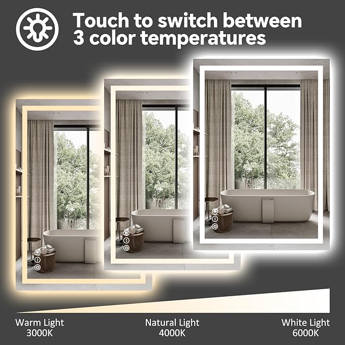 LED Bathroom Mirror 28x36 Inch Anti-Fog Bathroom Mirror with Lights, Wall Mounted Lighted Vanity Mirrors, Dimmable, Backlit + Front Lit, Smart Bathroom Vanity Mirror with 3 Colors Temperature