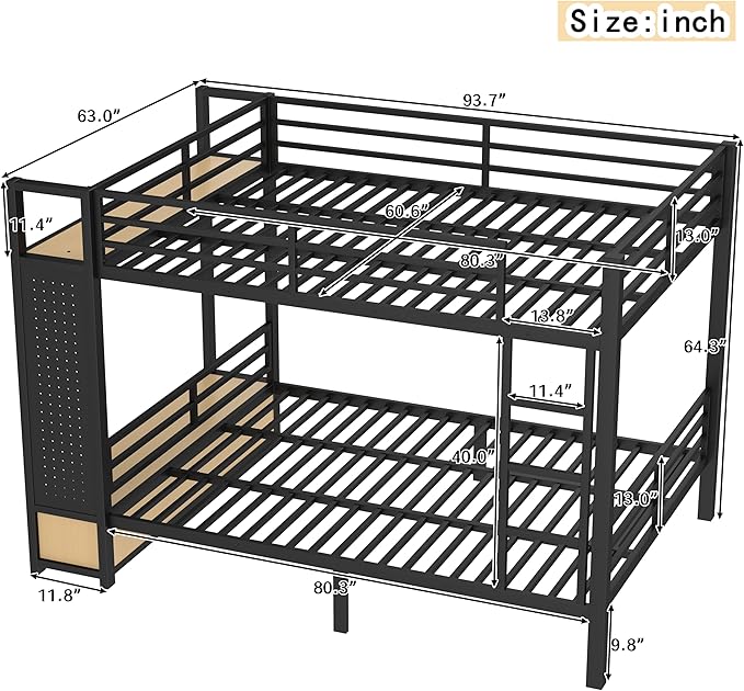 Bellemave Queen Over Queen Metal Bunk Bed with Storage Drawers and Shelves, Heavy Duty Bunk Beds with Pegboard and Coat Rack for Kids, Adults,Black