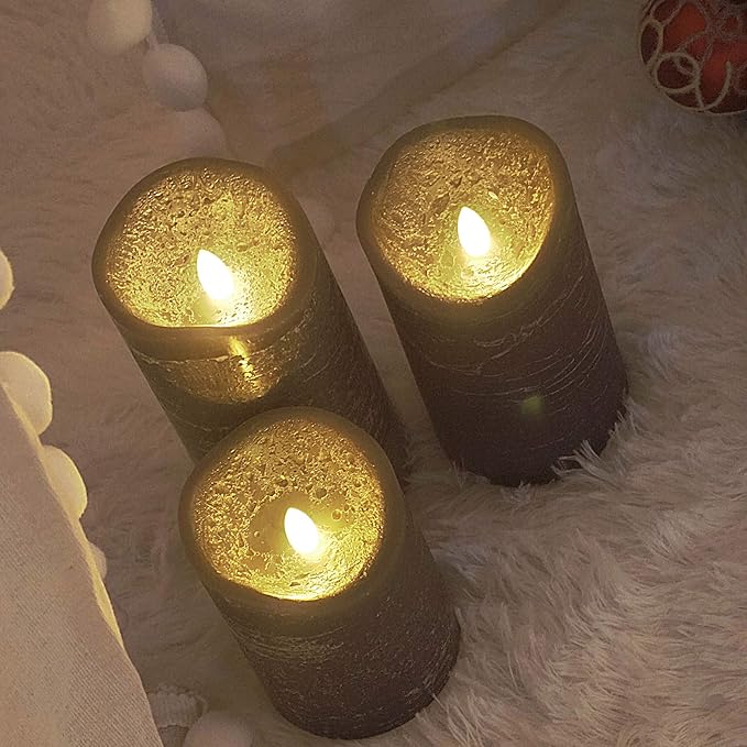 Battery Operated Flameless Candles with Remote Timer Real Wax Realistic Bright Flicker Flickering Electric Electronic LED Pillar Lights Home Wedding Party Decorations Set of 3 Rustic Texture Gray Grey