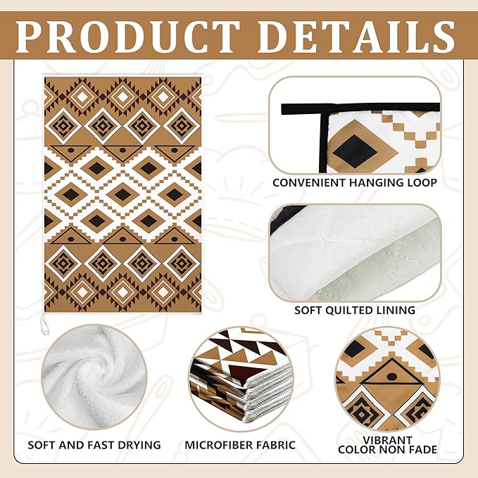 8 Pcs Western Aztec Kitchen Decor Accessories Set Farmhouse Towels Pot Holders Oven Mitts Set 4 Dish Towels 2 Potholders 2 Cooking Mittens Oven Glove for Home Baking Cooking Supply(Brown,Kitchen)
