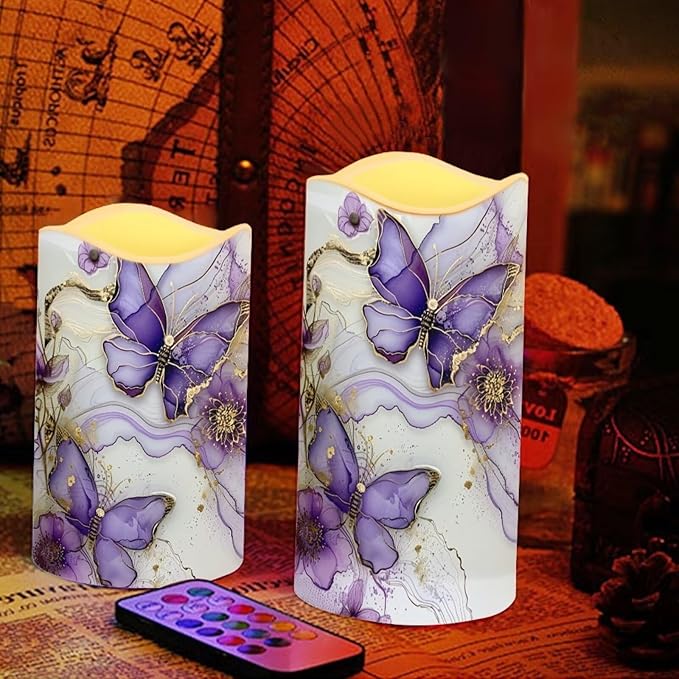Purple Butterfly LED Pillar Candles Bulk Set of 4 with Timer Remote Color Changing Electric Fake Candles for Home Decorations