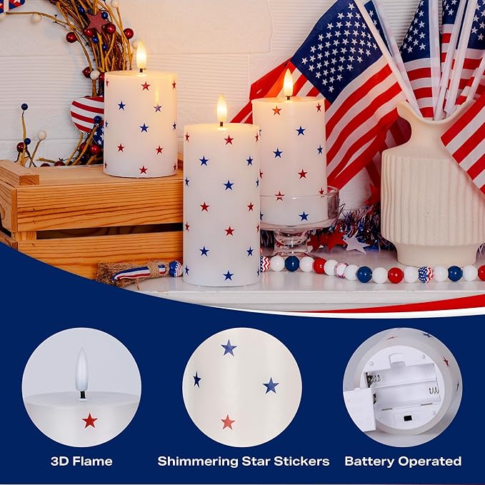 Patriotic Flameless Pillar Candles with Remote, 3 Pack Battery Operated Real Wax LED Candles, Perfect for 4th of July Independence Day Home Decorations Fireplace Table, Star Sticker