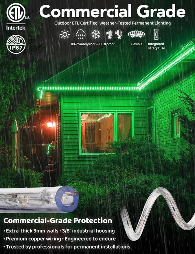WYZworks 288LEDs 25ft LED Outside Rope Lights, Outdoor ETL Certified Waterproof Permanent 360 Degree Light Emitting, Flexible Tube, Connectable, Christmas Palm Tree Exterior Landscape, Green