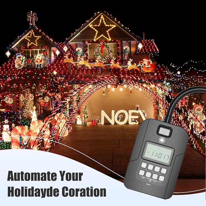 Outdoor Digital Timer for Lights, 7-Day Programmable Plug Waterproof with 2 Grounded Outlets for Landscape String Light, 15A, 1/2 HP UL Listed, 7 Day Dusk to Dawn Programmable Timer
