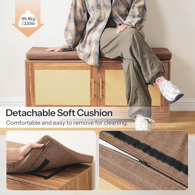 HOOBRO Faux Rattan Shoe Storage Bench with Cushion, Boho Entryway Bench with 2 Doors and Adjustable Shelves, Pet-Proof Hidden Shoe Cabinet for Hallway, Living Room, 39.2" L, Natural, CE53HX01