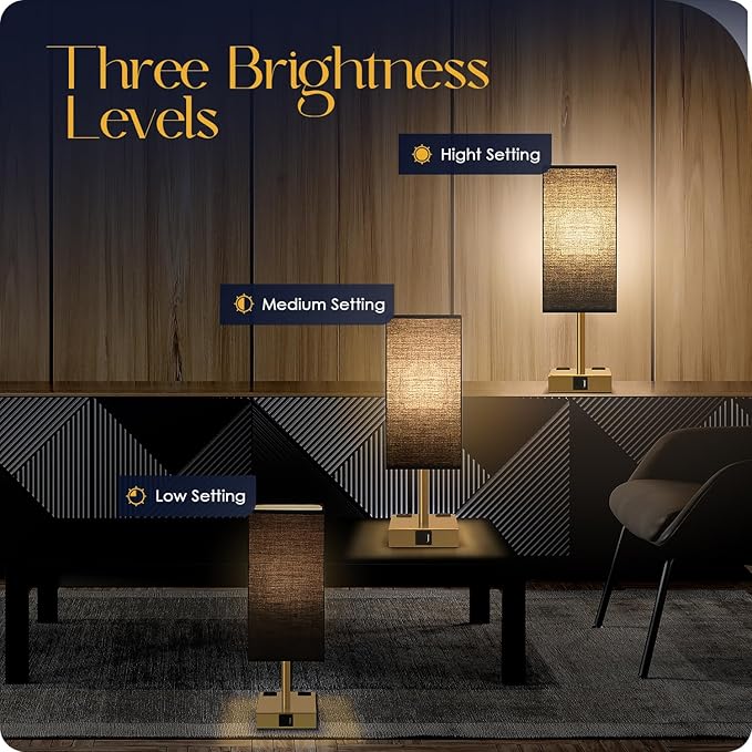 Soilsiu Bedside Lamp with USB Ports - Touch Control Table Lamp for Bedroom with USB C+A Charging Ports & AC Outlets, 3 Way Dimmable Nightstand Light for Living Room (LED Bulb Included, Brass - Black)