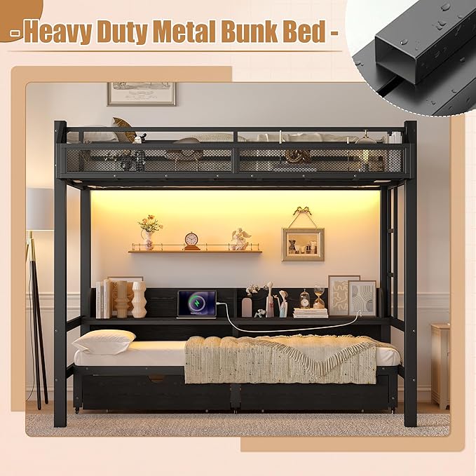 Bellemave Twin XL Over Twin XL Metal Bunk Bed with Storage Drawers and Shelves, Heavy Duty Bunk Beds with LED Lights and Charging Station for Kids,Adults,Convertible into a Sofa Bed,Black