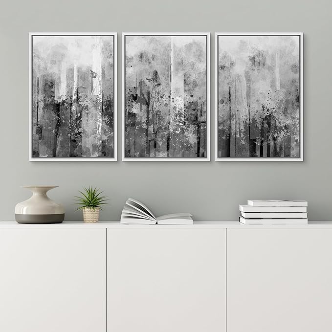 wall26 Framed Canvas Print Wall Art Set Black & White Paint Splatter Display Abstract Shapes Illustrations Modern Art Minimalist Dramatic Grey Dark for Living Room, Bedroom, Office - 24"x36"x3 White