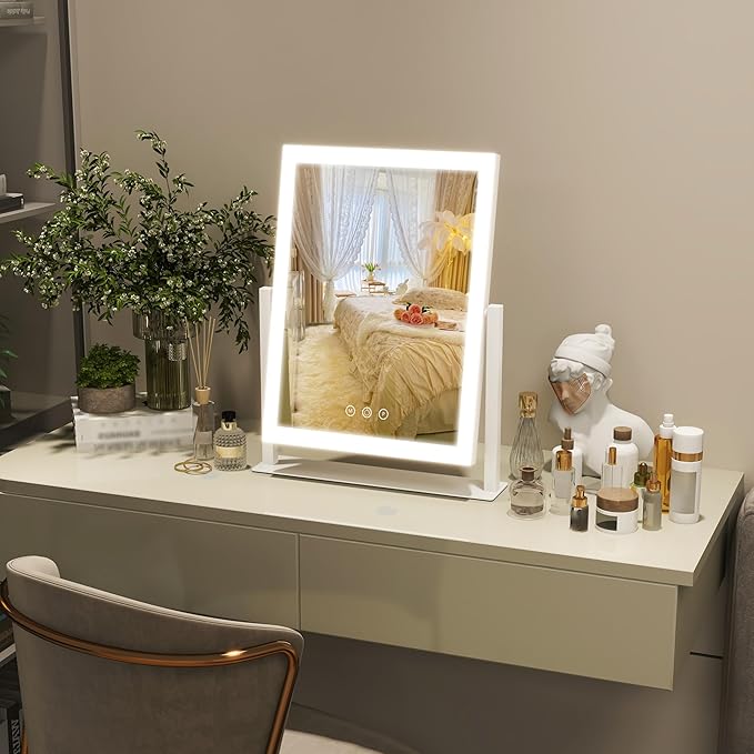 ROLOVE 16"x13" Vanity Mirror with Lights, Three Colors Lighting Mode, 360°Rotation, Lighted Makeup Mirror wih Stand for Desk, Bedroom, Dorm, Gifts for Women