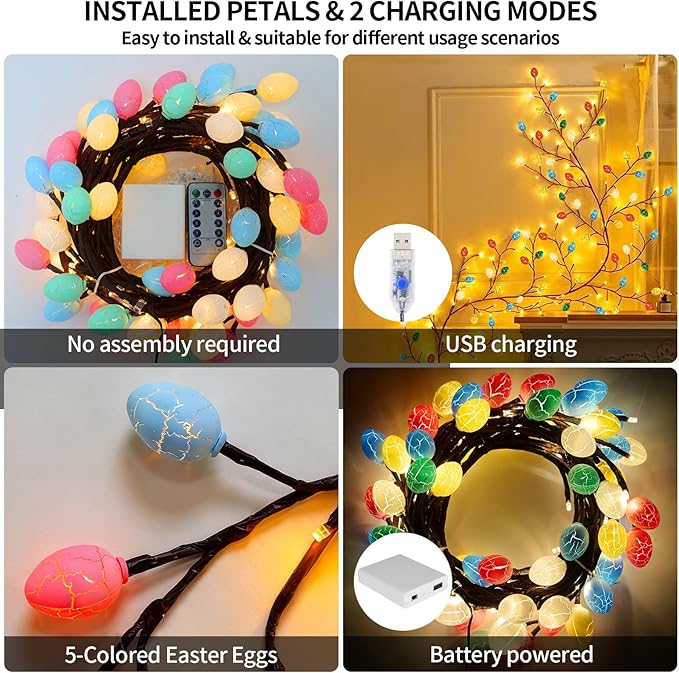 Easter Egg Enchanted Willow Vine Lights, 4FT 48LED 4 Color Easter Egg Tree Branch Lights for Wall, Remote Timer,8 Light Model,Bedroom Wall Doors Wedding, Christmas, USB Battery Box