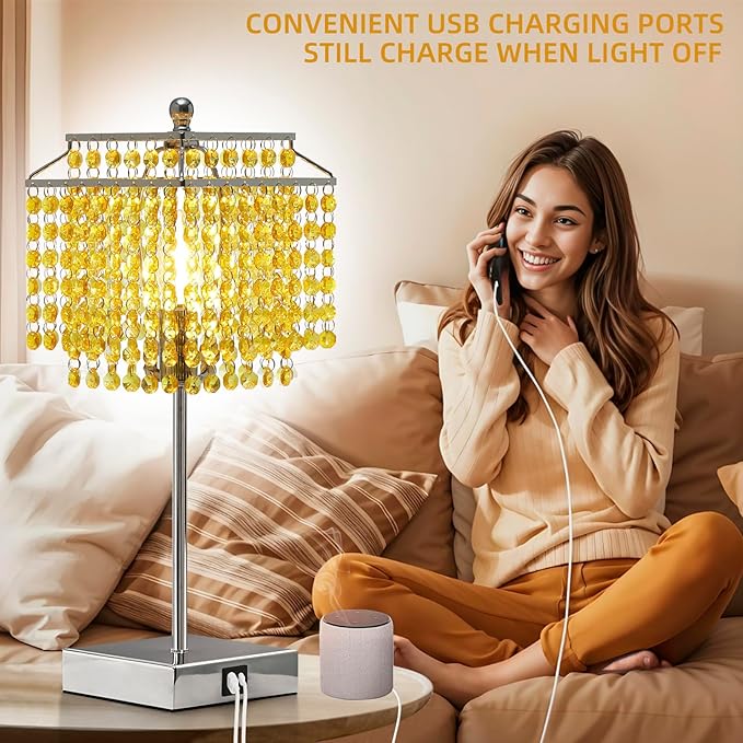 Luvkczc Crystal Table Lamp with Touch Control, Bedside Crystal Table Lamp with USB C+A Ports, Dimmable Lamp for Girls Bedroom, Living Room, Light Yellow & B11 LED Bulb Included