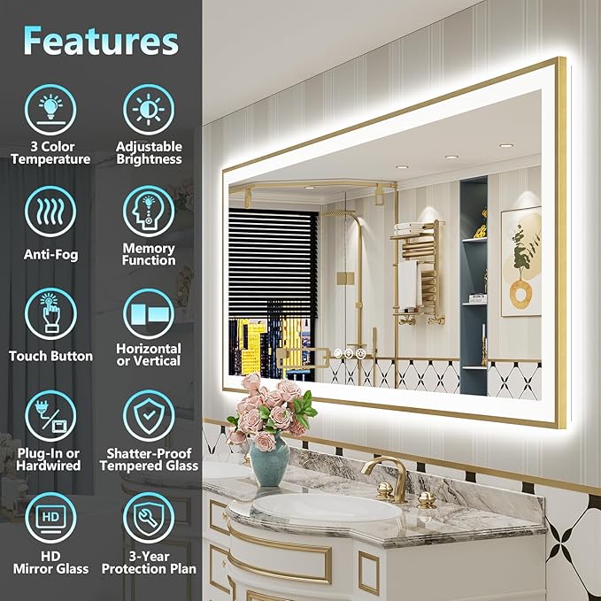 96x36 Gold LED Bathroom Mirror with Lights, Brushed Gold Framed Backlit and Front Lit Anti-Fog Lighted Vanity Mirrors for Bathroom Wall, Dimmable, 3 Colors, Memory, HD Tempered Glass, CRI＞90