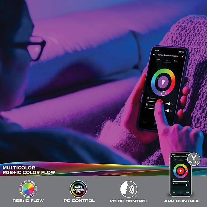 Monster Smart 50 Foot RGB+IC LED Strip Lights, Sound Reactive Strip Lights for Bedroom, App & Voice Control, RGB Light Strip for Room, Alexa Google Home, Razer Chroma Sync, 270 RGB+IC LED Lights