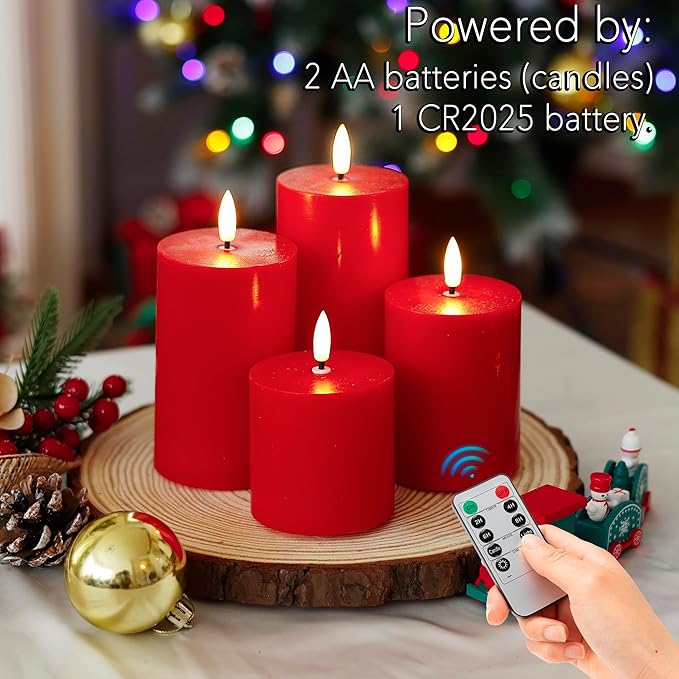 Red Flameless Pillar Candles with Remote Set of 4, Battery Operated Real Wax LED Candles, Perfect for Christmas Window, Romantic Dinner & Holiday Xmas Decor