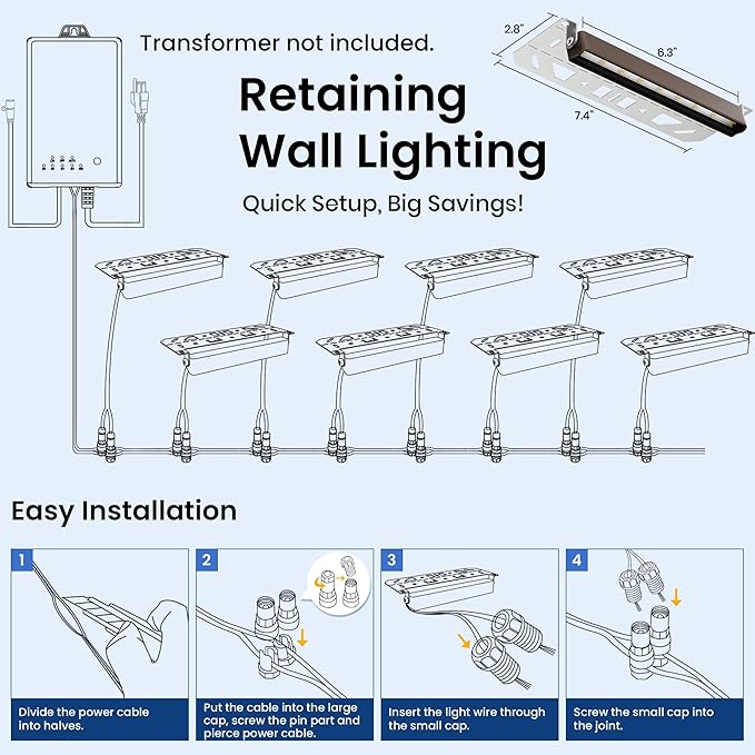 Retaining Wall Lights, 7 Inch LED Hardscape Lighting Waterproof, 12V Low Voltage Landscape Lighting, Outdoor Step Lights for Patio Stairs Deck 2700K, 270° Rotate, 12 Pack