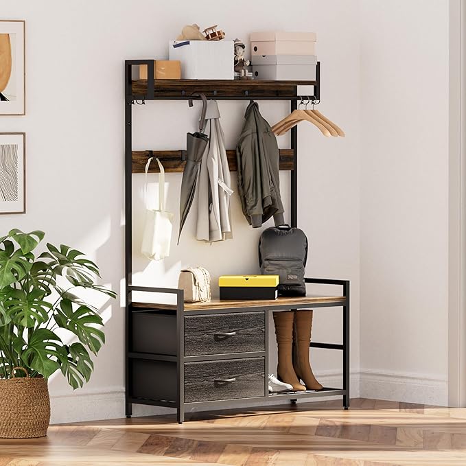 Entryway Hall Tree Bench Organizer, Coat Garment Rack Shelf Rail, Shoe Storage Tiers, Two Sliding Fabric Drawers, Movable Hooks Set, Hanger Rod, Metal Frame, Corner Mudroom Foyer Closet Stand