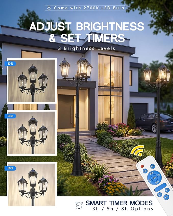FEMILA 3-Light Solar Outdoor Pole Lights, 85.4" Aluminum Glass Lamp Posts Outdoor Lighting, Dusk to Dawn Solar Street Light with Remote Control for Yard Garden Driveway, 4FYX95PL-3 SL BK