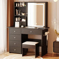 ALEAVIC Vanity Desk with Mirror and LED Lights, Makeup Vanity Set with Power Outlet, and Stool,Jewelry Storage,Black Vanity Desk for Bedroom