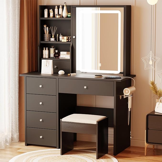 ALEAVIC Vanity Desk with Mirror and LED Lights, Makeup Vanity Set with Power Outlet, and Stool,Jewelry Storage,Black Vanity Desk for Bedroom