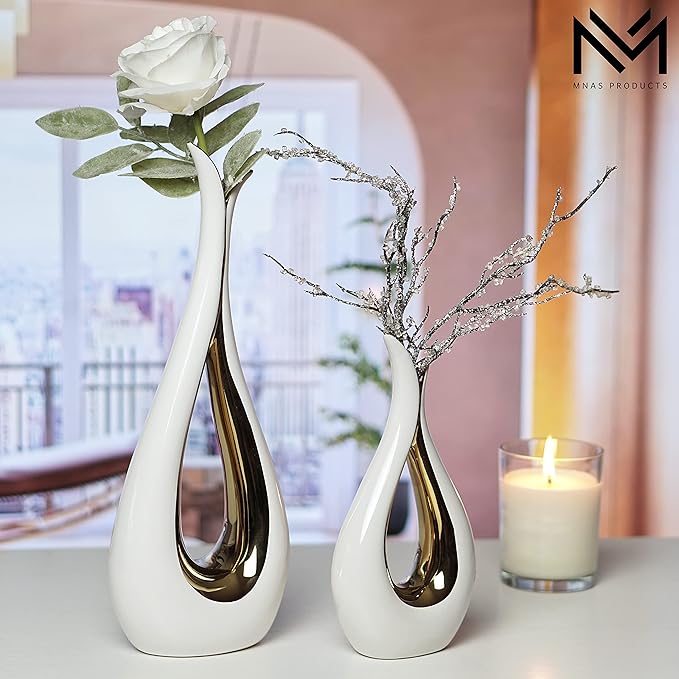 White Ceramic Decorative Vases, Set of 2, Nordic, Modern, Minimalist Design, for Home Decor, Bedroom, Weddings, Restaurants, Office and More