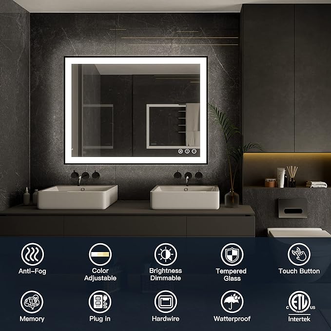 ISKM Framed LED Mirror for Bathroom 60"x40", Dimmable LED Bathroom Mirror with Lights, Anti-Fog, Front and Backlit Lighted Mirror 3-Colors, Shatterproof, Memory Function