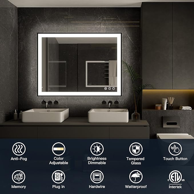 ISKM Framed LED Mirror for Bathroom 48"x28", Dimmable LED Bathroom Mirror with Lights, Anti-Fog, Front and Backlit Lighted Mirror 3-Colors, Shatterproof, Memory Function