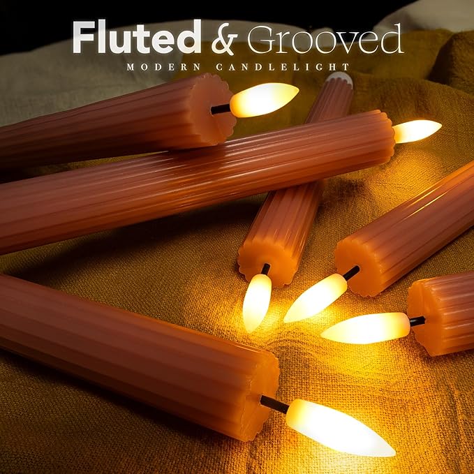 12 Pack, 10" LED Flameless Dusty Rose Fluted Ribbed Grooved Taper Candles, Remote & 24h Timer Memory, On/Off Button, Dimmable, Flicker Mode, Battery Operated, Christmas Menorah Wedding
